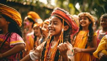 multi ethnisch Gruppe genießt traditionell Festival draußen generiert durch ai foto
