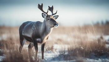 gehörnt Hirsch steht im Schnee bedeckt Wiese generiert durch ai foto