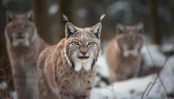 heftig katzenartig Familie Gehen durch Winter Wildnis generiert durch ai foto