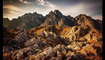 majestätisch Berg Bereich, still Sonnenuntergang, Panorama- Schönheit generiert durch ai foto