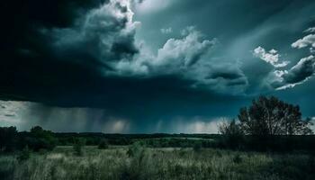 gespenstisch Wald beim Dämmerung, bedrohlich Sturm Wolken versammeln generiert durch ai foto