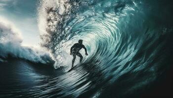 muskulös Surfer Fahrten Fass im tropisch Paradies generativ ai foto