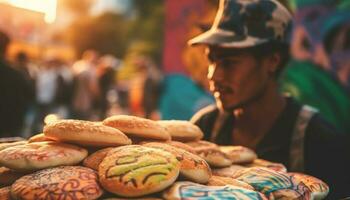 Markt Verkäufer verkauft hausgemacht Nachspeisen beim draussen Festival generativ ai foto