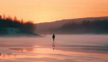 Silhouette von einer Fischer Stehen im Betrachtung generativ ai foto