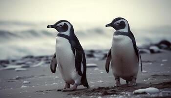 Gentoo Pinguine watscheln auf schneebedeckt Antarktis Küste generativ ai foto