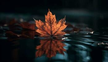 beschwingt Herbst Ahorn Blatt spiegelt im Wasser generativ ai foto