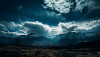 majestätisch Berg Bereich, still Wiese, dramatisch Himmel generativ ai foto