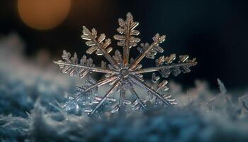 glänzend Schneeflocke Dekoration leuchtet auf dunkel Baum generiert durch ai foto