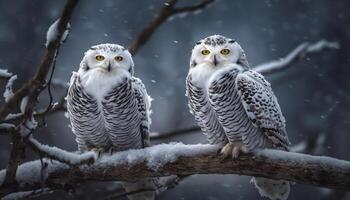 schneebedeckt Eule sich niederlassen auf Zweig, suchen heftig generativ ai foto