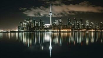 hell Stadt Beleuchtung reflektieren auf direkt am Wasser Wolkenkratzer generativ ai foto