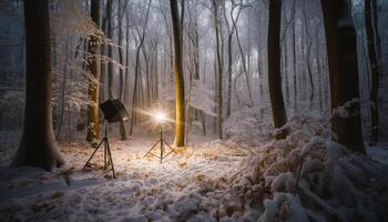 Winter Wald beleuchtet durch Laterne beim Dämmerung generativ ai foto