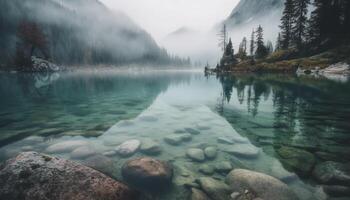 majestätisch Berg Gipfel spiegelt im still Wasser generiert durch ai foto