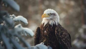 majestätisch kahl Adler sich niederlassen auf schneebedeckt Ast generiert durch ai foto