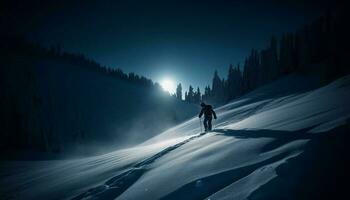 Silhouette von Snowboarder gleiten durch Pulver Schnee generiert durch ai foto