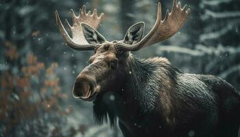 gehörnt Hirsch weidet im schneebedeckt Wald Landschaft generiert durch ai foto