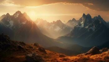 majestätisch Berg Gipfel zurück zündete durch Sonnenaufgang generiert durch ai foto