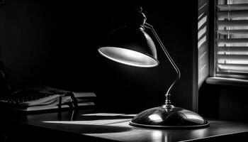 modern Schreibtisch Lampe leuchtet schwarz und Weiß Büro generiert durch ai foto