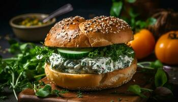 gegrillt Burger auf Ciabatta frisch Vegetarisch Salat generiert durch ai foto