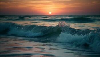Sonnenuntergang Surfer Reiten Wellen im still Dämmerung generiert durch ai foto
