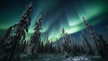 Nacht Himmel leuchtet mit Aurora Über schneebedeckt Wald generiert durch ai foto