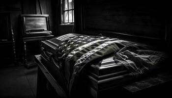 komfortabel Matratze auf elegant schwarz und Weiß Bettwäsche generiert durch ai foto