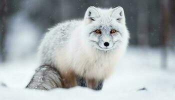 eisig Bobcat starrt in das schneebedeckt Wald generiert durch ai foto