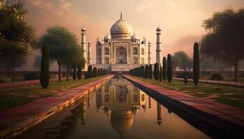 Marmor Mausoleum spiegelt Sonnenuntergang symbolisieren indisch Spiritualität generiert durch ai foto