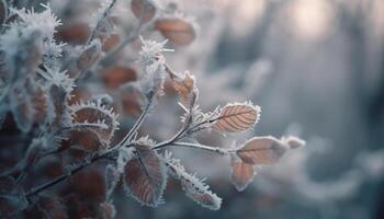 eisig Ast im Winter Wald schließen oben Makro generiert durch ai foto