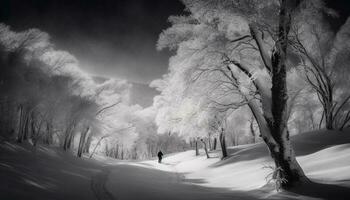 Silhouette Gehen durch schneebedeckt Wald beim Nacht generiert durch ai foto