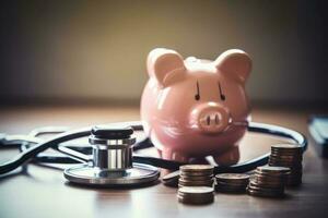Rosa Schweinchen Bank mit ein Stethoskop Nächster zu Es, Darstellen finanziell Gesundheit. generativ ai foto
