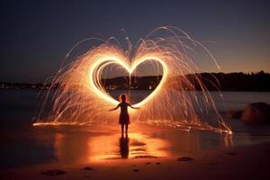 Mädchen halten ein herzförmig Wunderkerze auf ein Strand beim Nacht. generativ ai foto