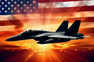 Kämpfer Jet hochfliegend im Vorderseite von ein amerikanisch Flagge mit Blau Himmel im das Hintergrund. generativ ai foto