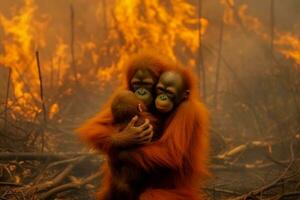 Orang-Utan Umarmen im Vorderseite von ein warm Feuer. generativ ai foto