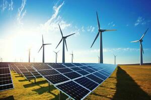 Solar- Paneele und Wind Turbinen Erstellen verlängerbar Energie im ein riesig Feld. generativ ai foto