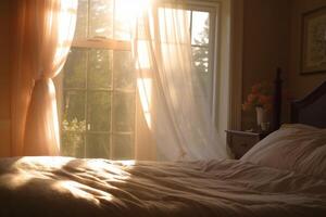 gemütlich Weiß Bett Nächster zu ein hell Fenster mit natürlich Licht. generativ ai foto