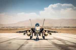 Militär- Kämpfer Jet geparkt auf ein Runway beim ein Flughafen. generativ ai foto