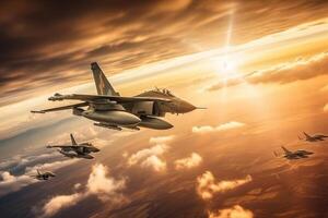 Kämpfer Jets hochfliegend durch das Wolken. generativ ai foto