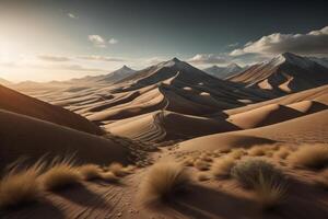 Wüste Landschaft mit Sand Dünen beim Sonnenuntergang. generativ ai foto