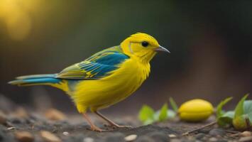 schön Gelb und Blau Vogel Stehen auf das Boden suchen zum Lebensmittel. generativ ai foto