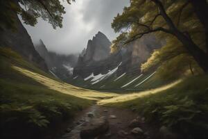 Berg Landschaft mit Nebel im das Morgen. generativ ai foto