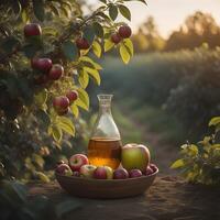 Apfel Apfelwein Essig im ein Glas Flasche und frisch reif Äpfel auf ein Tabelle im ein Obstgarten. generativ ai foto