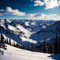 schön Winter Landschaft mit Schnee bedeckt Berge und Blau Himmel. generativ ai foto