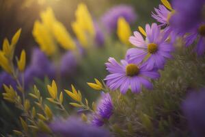 lila Gänseblümchen und Gelb Blumen im das Garten beim Sonnenuntergang. generativ ai foto