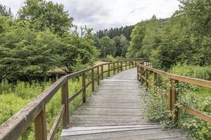 Holzbrücke über ein Feld mit Wiese und bewaldeten Hügeln