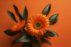 Orange Gerbera Blumen mit Grün Blätter auf Orange Hintergrund. eben legen. generativ ai foto