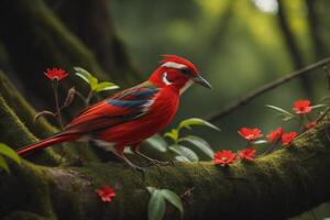 schön rot Vogel auf ein Ast mit rot Blumen im das Wald. generativ ai foto