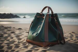 Grün Leder Tasche auf das Strand mit Meer und Himmel im das Hintergrund. generativ ai foto