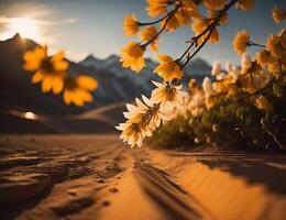 Sonnenuntergang im das Wüste mit Gelb Blumen auf das Sand Dünen. generativ ai foto