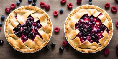 frisch gemischt Beere Torte mit Blaubeeren, Himbeeren, und Erdbeeren auf ein hölzern Oberfläche, oben Sicht, ai generiert foto