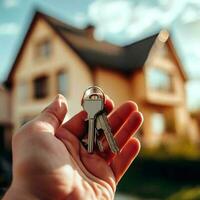 Schlüssel im Hand gegen das Hintergrund von ein Wohnung Gebäude foto